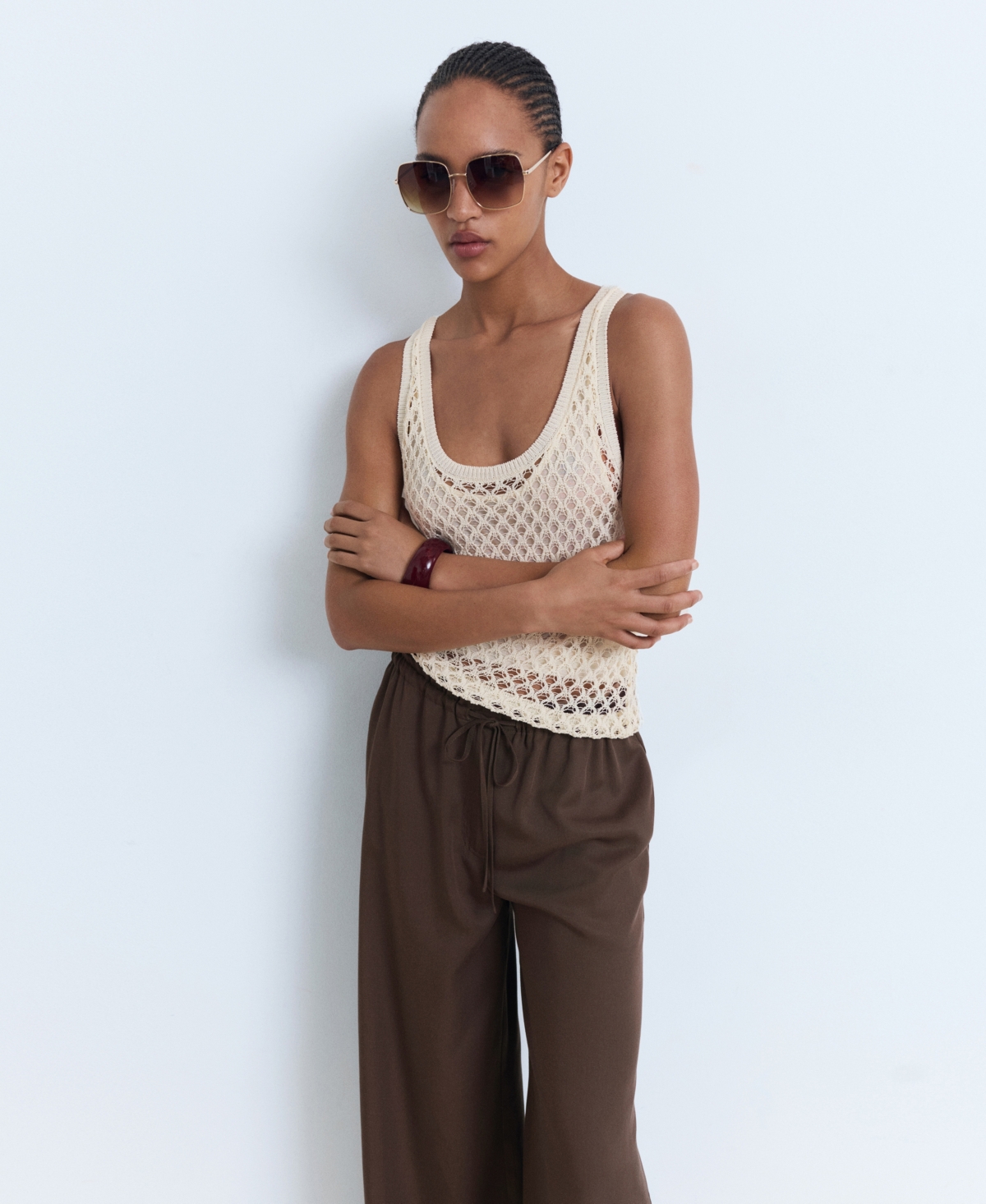 Mango Drawstring Wide Leg Pants In Brown