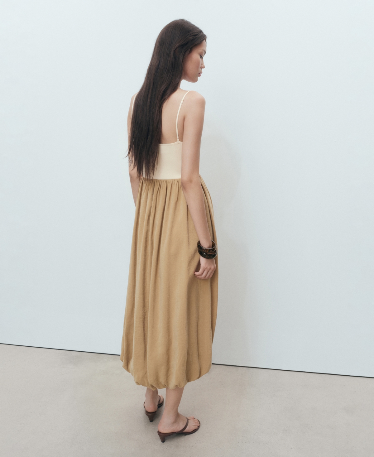 Mango Mixed Media Bubble Hem Midi Dress In Brown