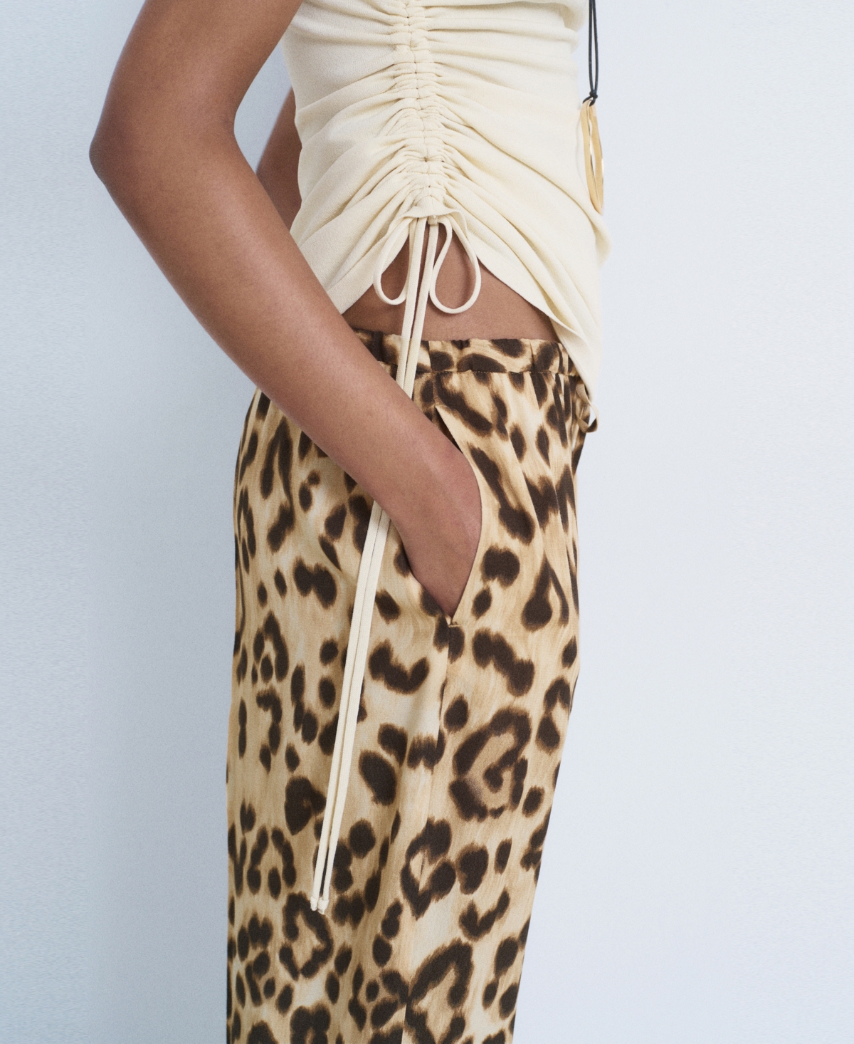 Mango Bernie Print Wide Leg Drawstring Pants In Brown