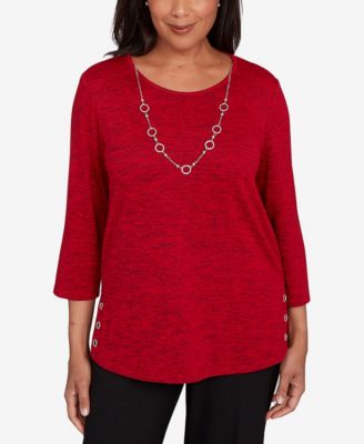 Women's Classic Melange Side Button Crew Neck Top with Necklace