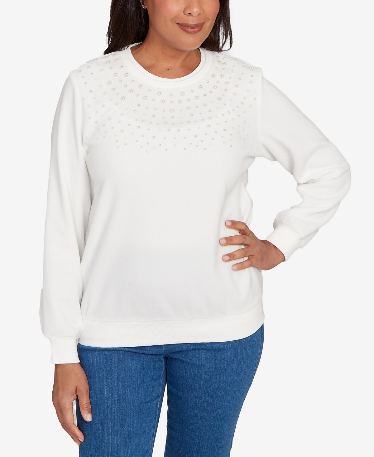Alfred Dunner Women's Classic Embellished Crew Neck Anti-pill Top In White