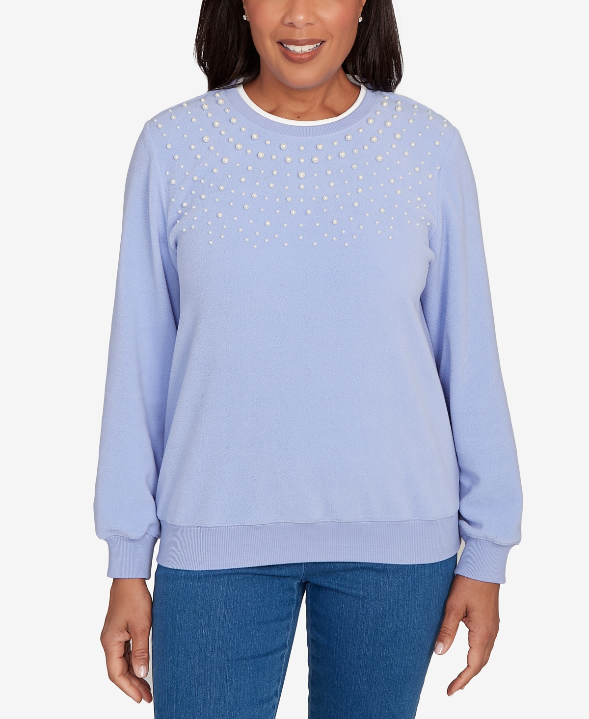 Alfred Dunner Plus Size Classic Embellished Neckline Anti-pill Sweater In Blue