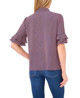 Women's Button Up Collared Elbow Ruffle Sleeve Top