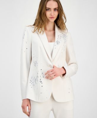 Anne Klein Womens Embellished One Button Jacket Embellished Mid Rise Capri Pants In White