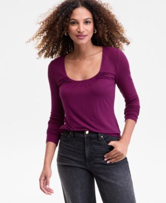 Women's Mixed Media Scoop-Neck Long-Sleeve Top, Macy's Exclusive