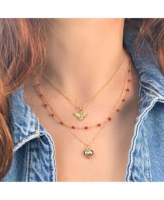 Coral Bead Chain Necklace 14K Gold