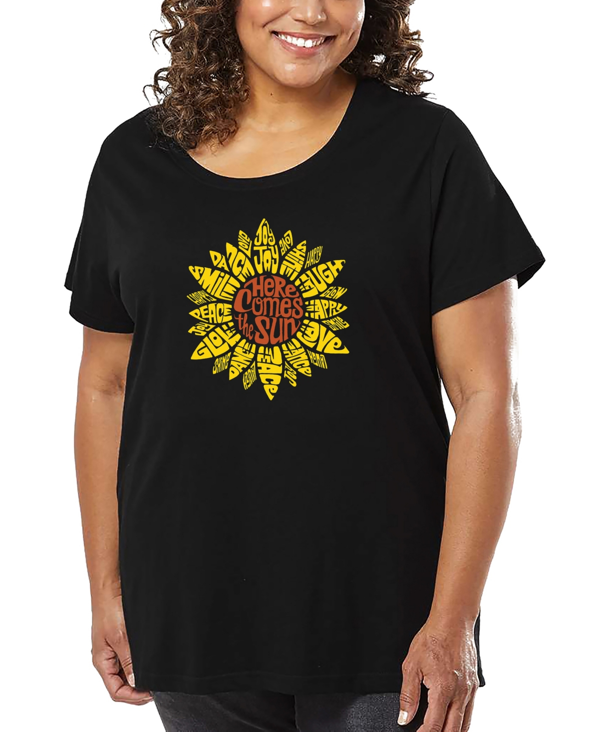 La Pop Art Plus Size Sunflower Word Art T-shirt In Black