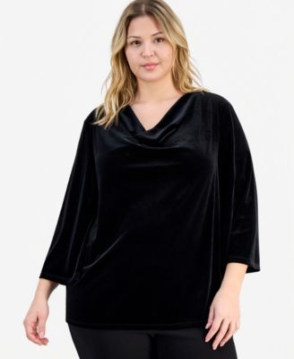 Plus Size Velvet Cowlneck Bell-Sleeve Top