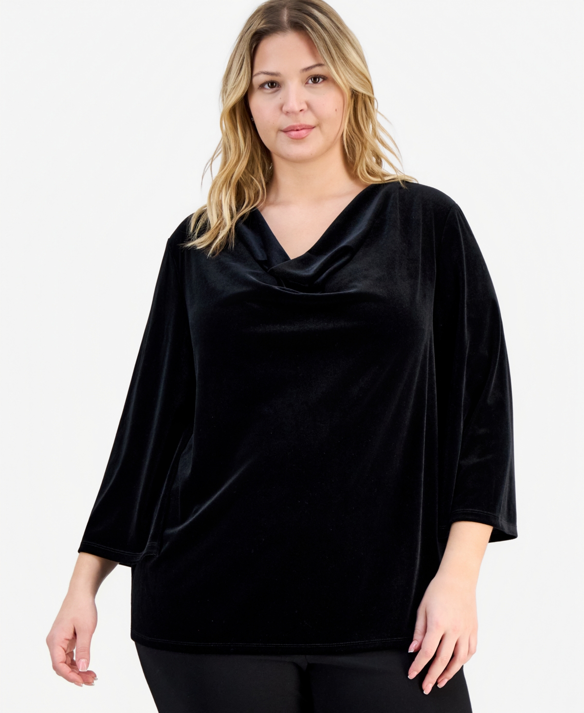 Kasper Plus Velvet Cowlneck Bell-Sleeve Top