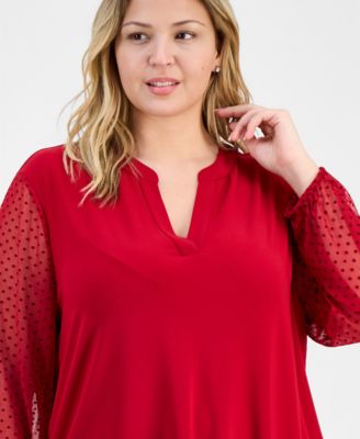 Plus Size Split-Neck Long-Sleeve Tunic