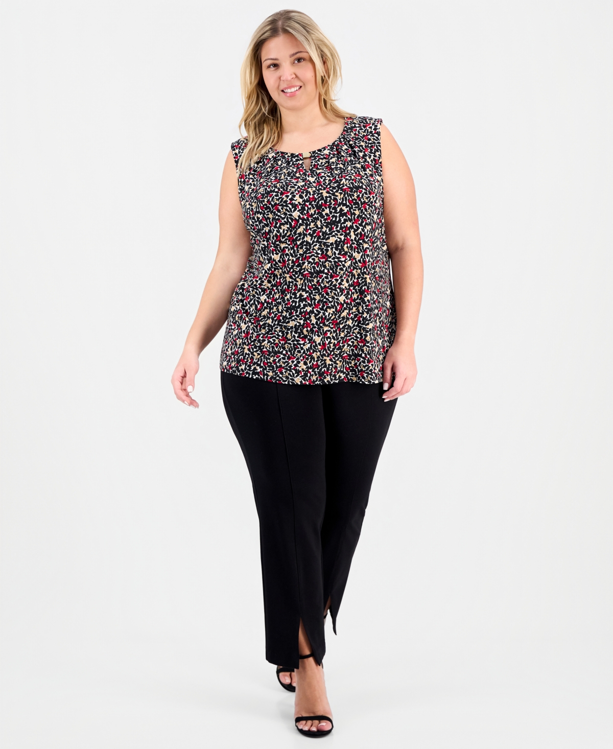 Kasper Plus Printed Pleat-Neck Sleeveless Top