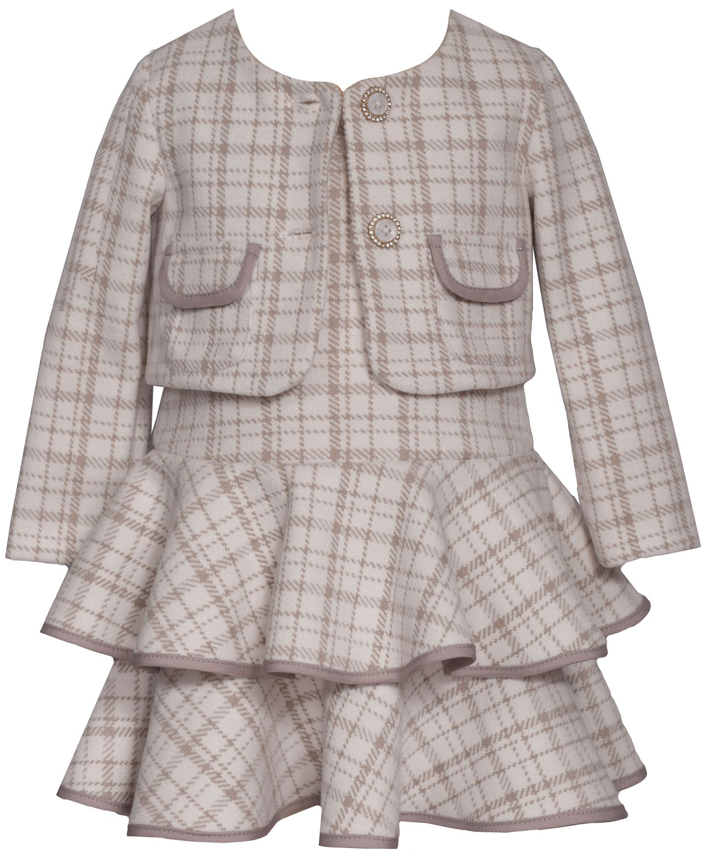 Комплект Bonnie Baby Tiered Plaid Jacket and Dress, 2-Piece Set для девочек-малышей, цвет: Серо-коричневый — фото 1