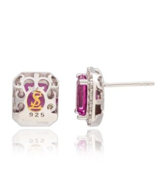 Suzy Levian Sterling Silver Emerald Cut Sapphire & Created White Sapphire Halo Stud Earrings