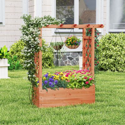 Raised Garden Bed Wooden Elevated Planter w/Side Trellis & Hanging Roof