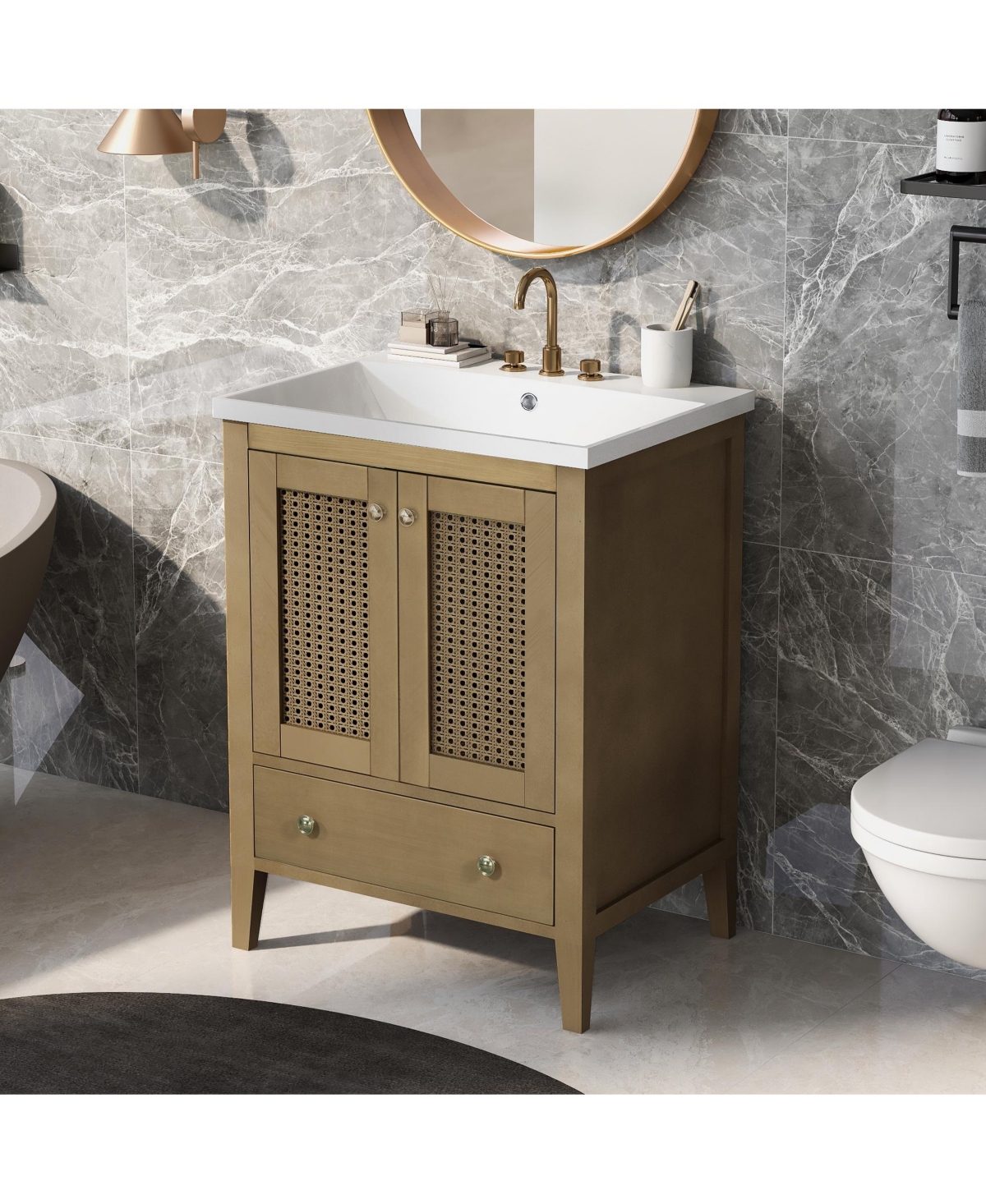 Casainc 24" Bathroom Vanity with Ceramic Basin, Rattan Storage Cabinet with Two Doors and Drawer