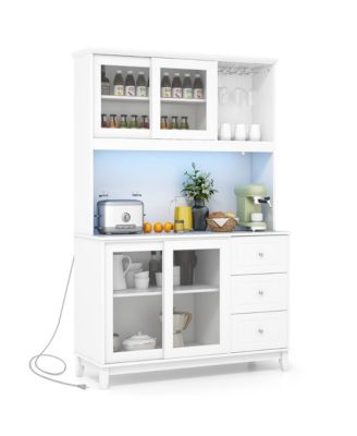 Kitchen Pantry Storage Cabinet Kitchen Hutch w/ LED lights & Power Outlet