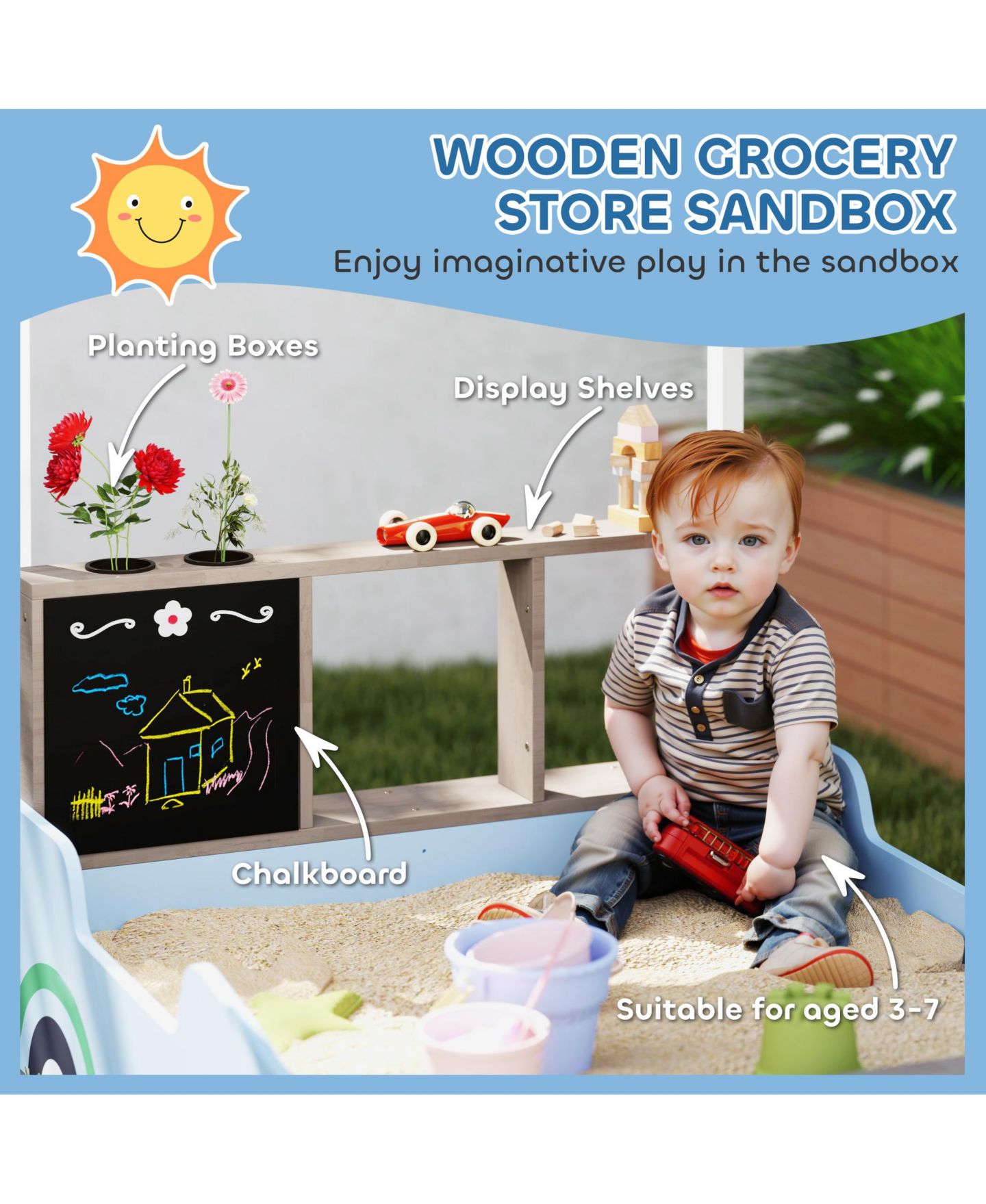 Детская игрушка Qaba Kids Wooden Grocery Store Sandbox with Canopy, 42.5" L x 35.4" W x 40.9" H, Ages 3-7, цвет: Синий — фото 2