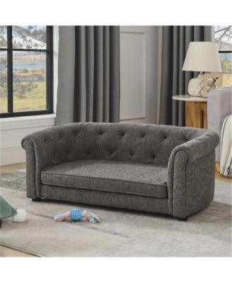 Dark Grey Rectangular Pet Sofa with Arc-shaped Backrest Armrests and Linen Soft Cushion