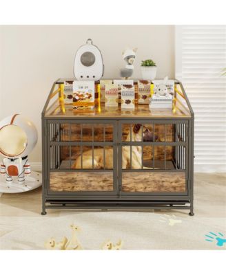 Brown Multi-function Dog Crates with Storage Large Wooden Dog Kennel with Double Doors for Large Medium Dog