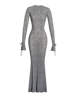Women Waylynn Gray Animal Print Burnout Velvet Detail Mesh Backless Maxi Dress