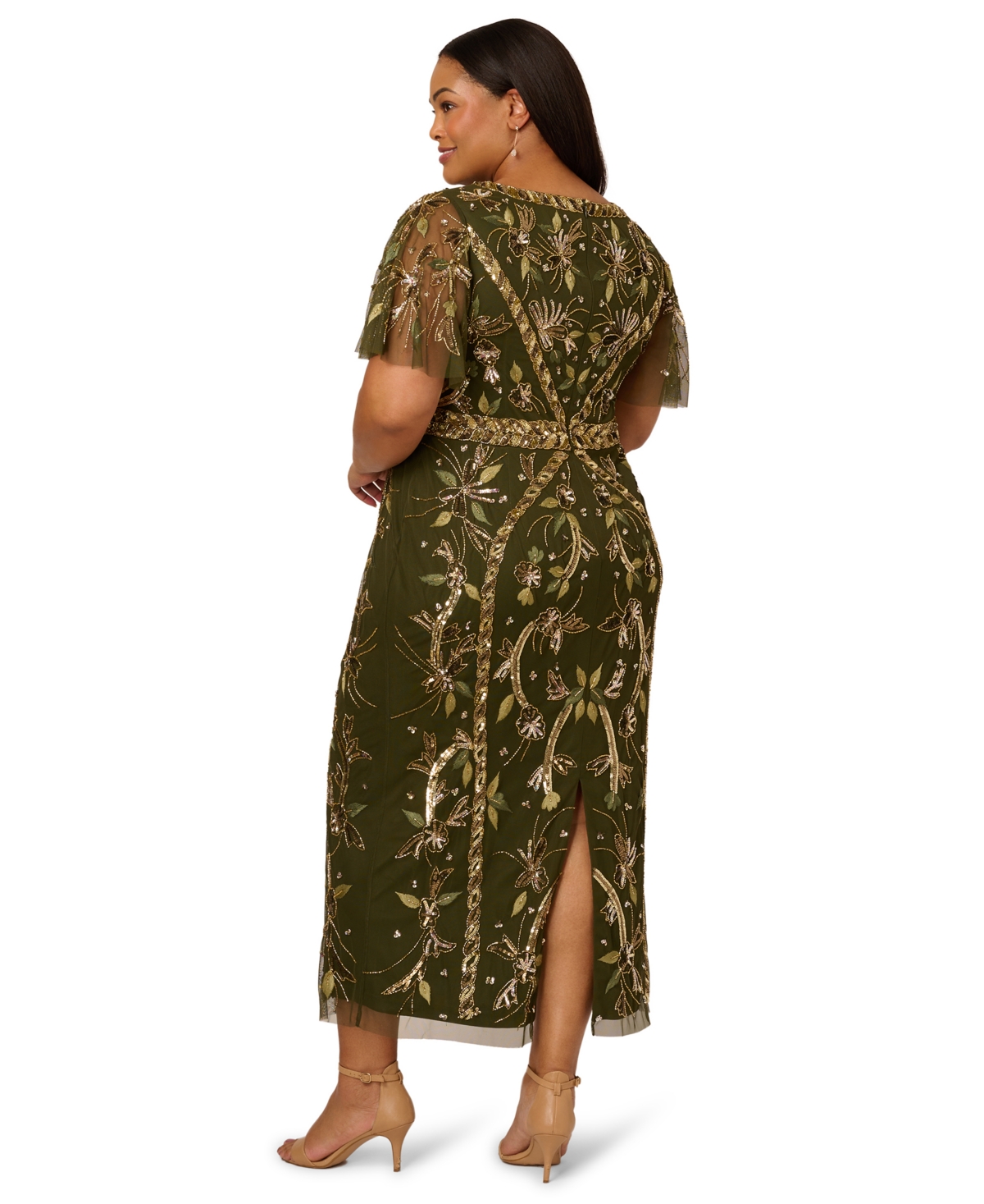 Adrianna Papell Plus Size Beaded Flutter Sleeve Midi Dress In Green