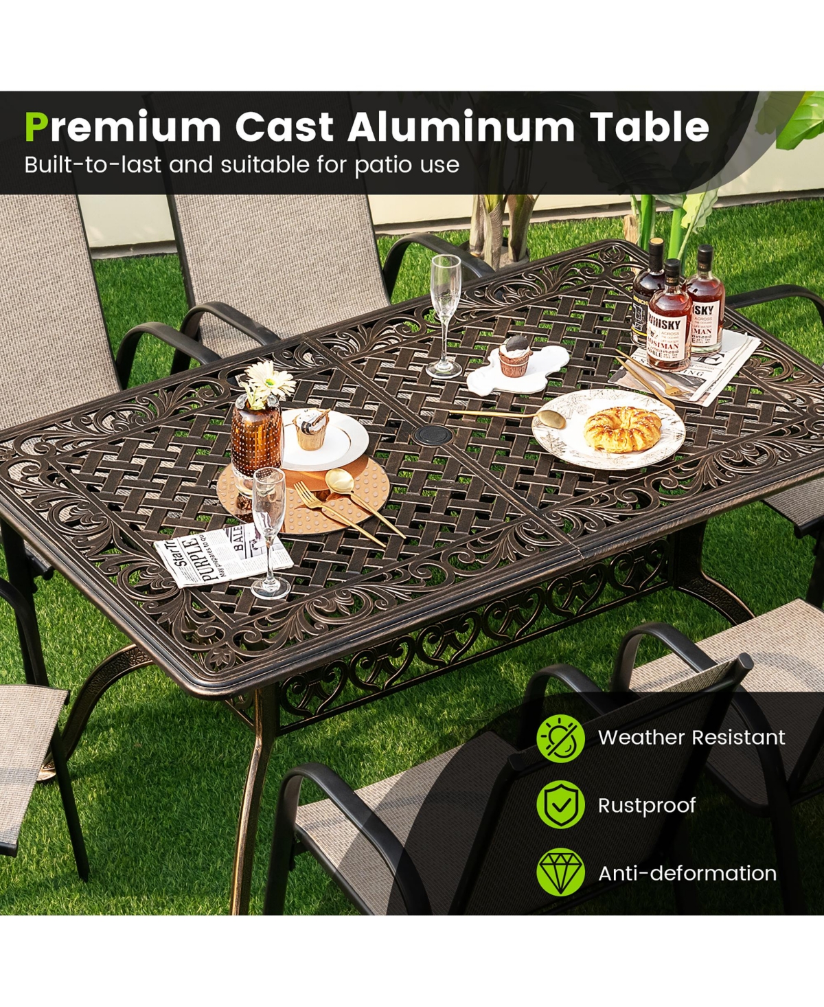 Gymax 59'' Patio Rectangle Dining Table Outdoor Cast Aluminum Table with Umbrella Hole
