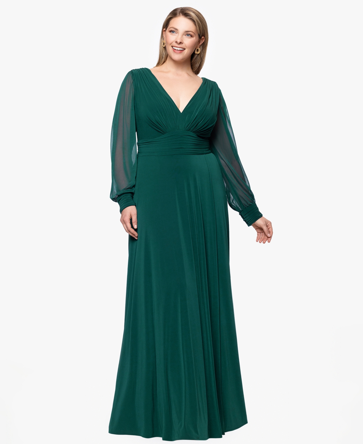 Betsy & Adam Plus Size Long Sleeve Chiffon V-neck A-line Dress In Green