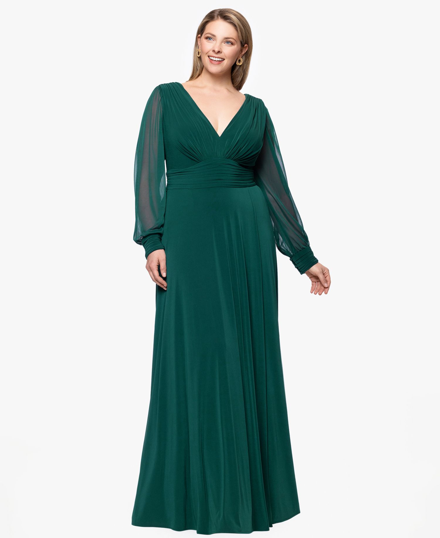 Plus Size Long Sleeve Chiffon V-Neck A-Line Dress