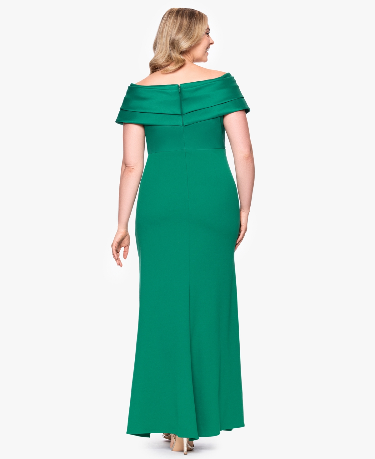 Betsy & Adam Plus Size Mixed-material Off-the-shoulder Gown In Green
