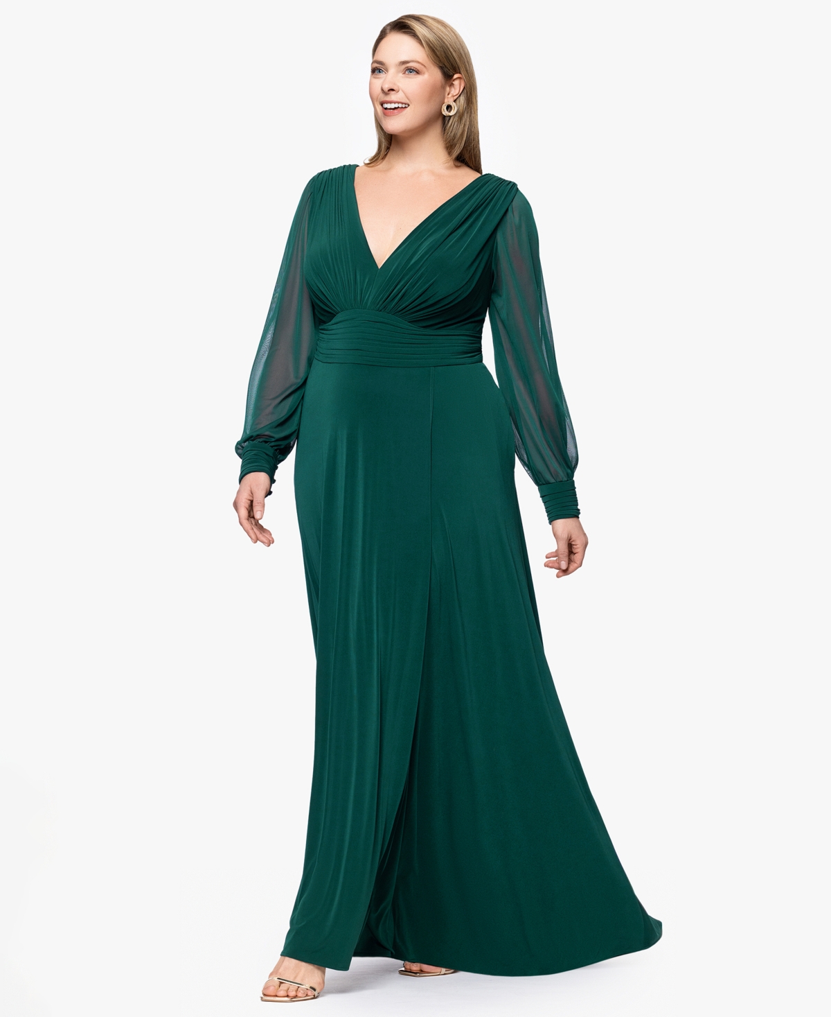 Betsy & Adam Plus Long Sleeve Chiffon V-Neck A-Line Dress