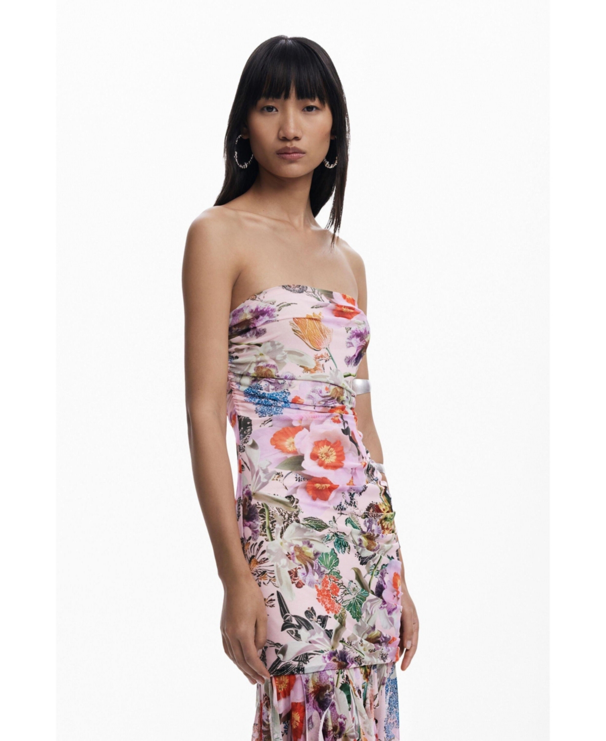 Desigual Ruched Ruffle Hem Asymmetric Maxi Dress In Pink