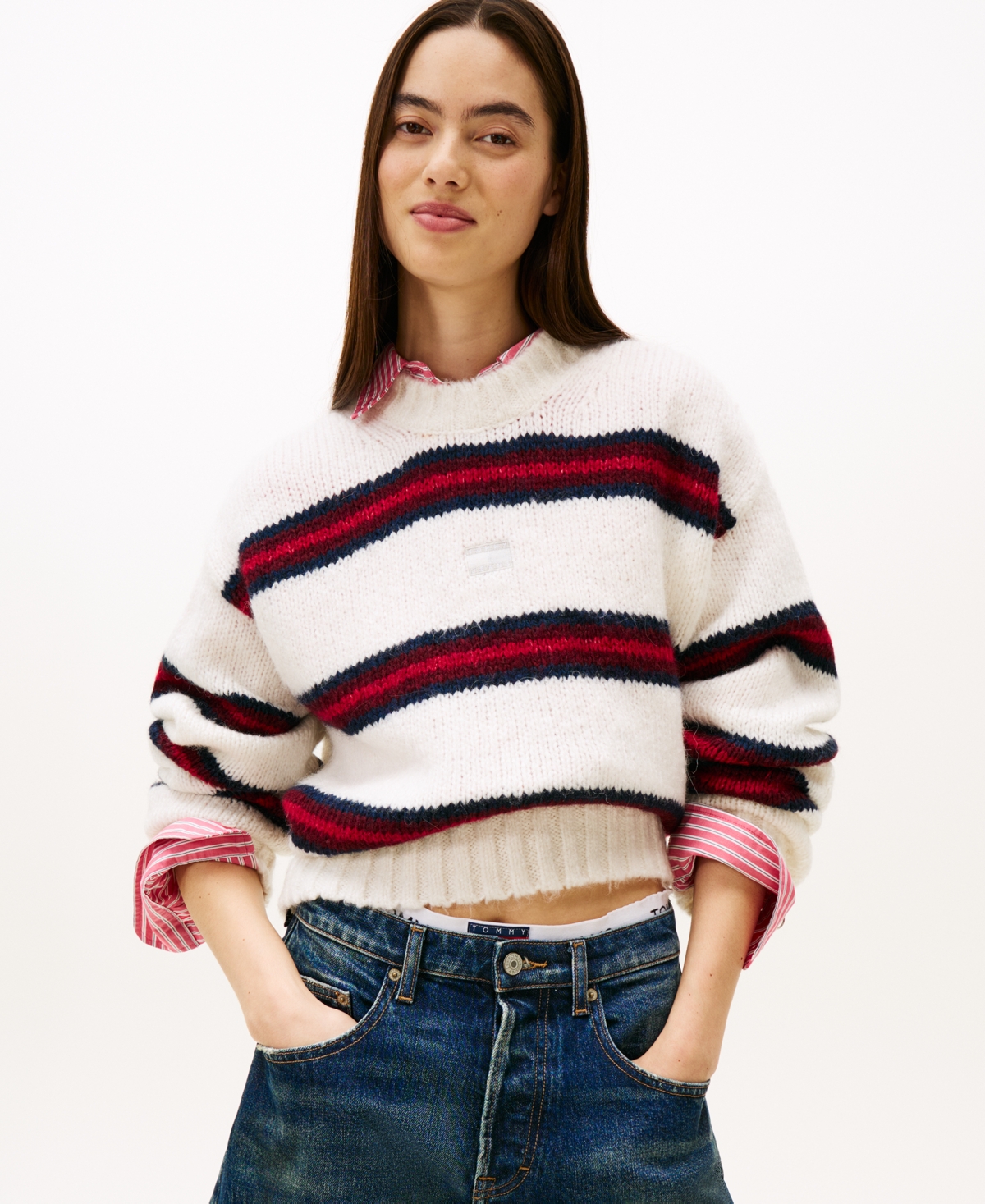 Tommy Jeans Women's Badge Stripe Fluffy Long Sleeve Sweater In Multi