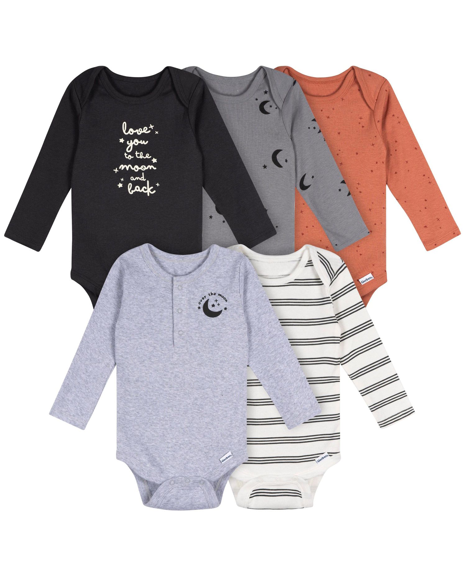 Baby Boys' 5-Pack Long Sleeve Bodysuits, Grey Heather, 12 Months