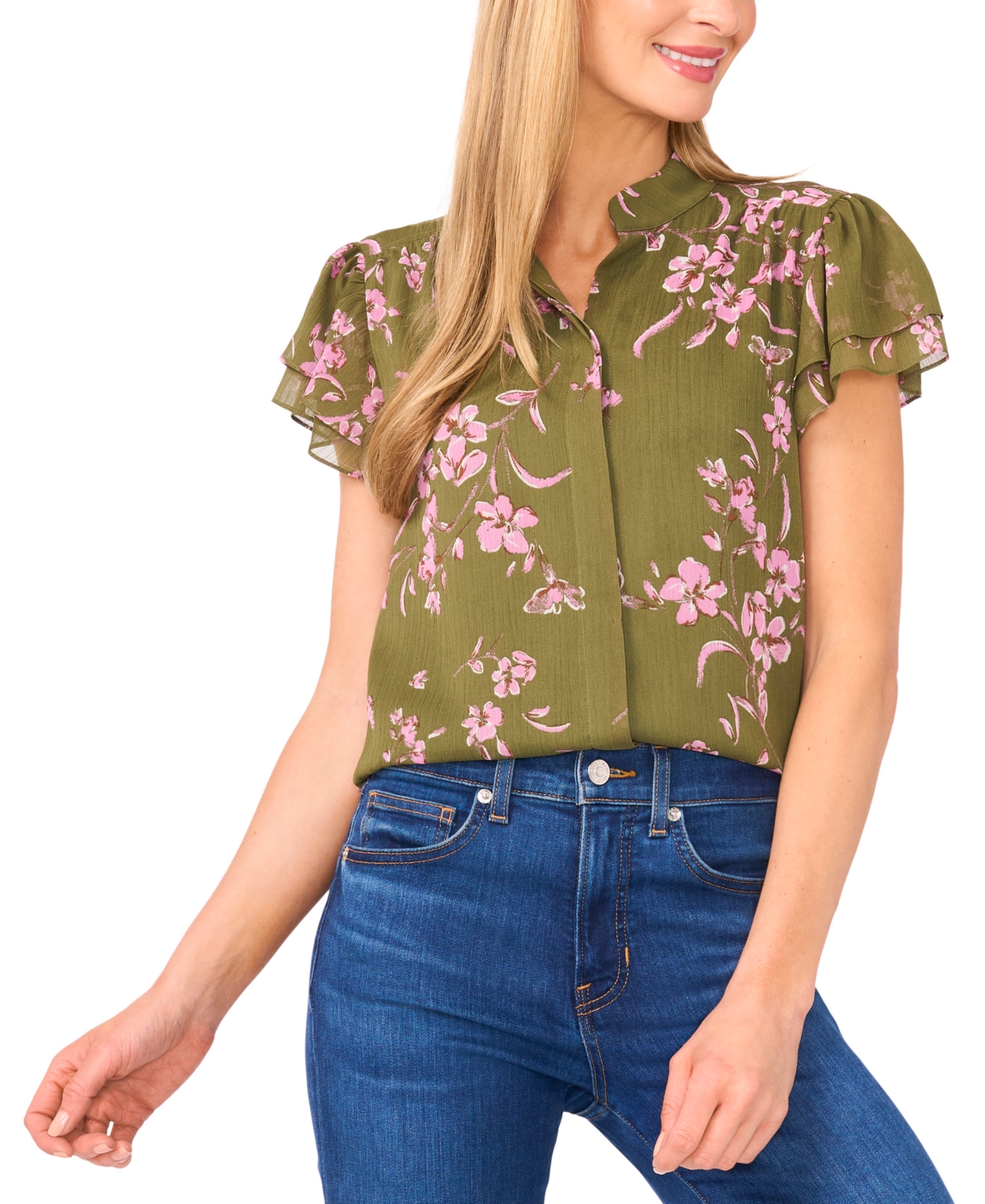 Cece Women's Double Flutter Short Sleeve Hidden Placket Top In Green
