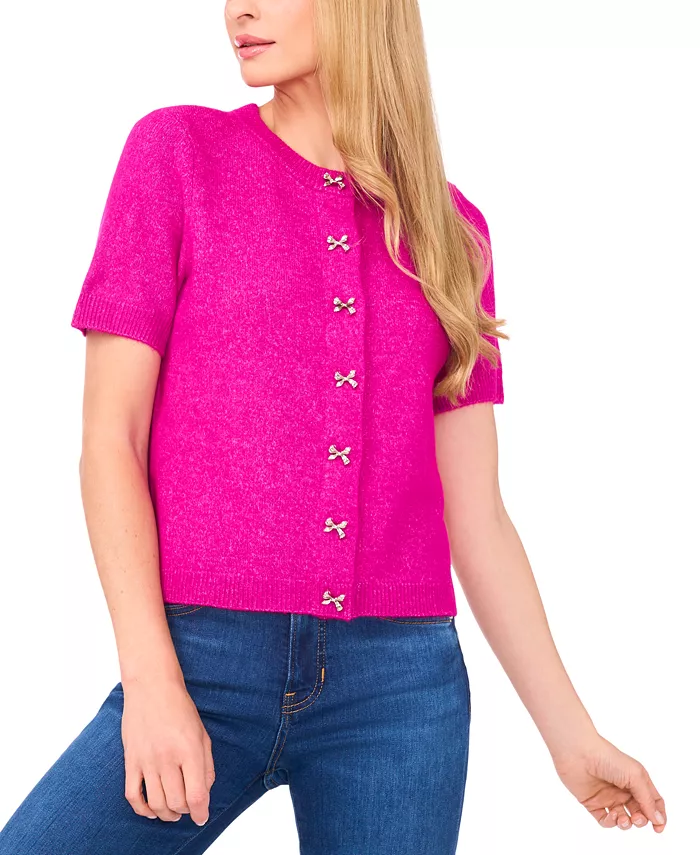 Women's Short Sleeve Bow Button Cardigan Sweater