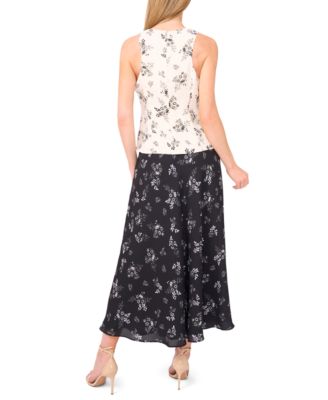 Women's Floral Shirred Button Down Sleeveless Top