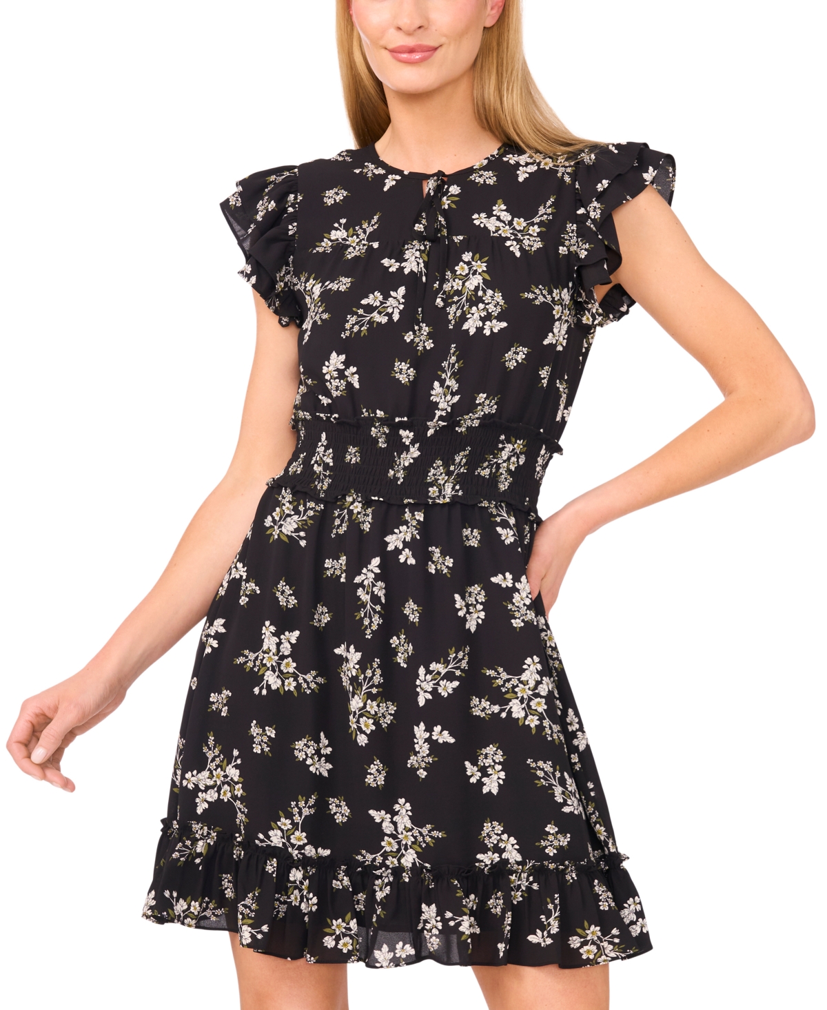 Cece Smocked Waist Mini With/flutter Sleeves Dress In Black