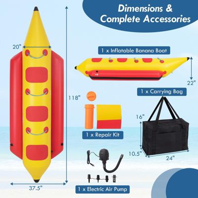 3-Person Inflatable Banana Boat with Electric Air Pump, Carrying Bag, and Repair Kit