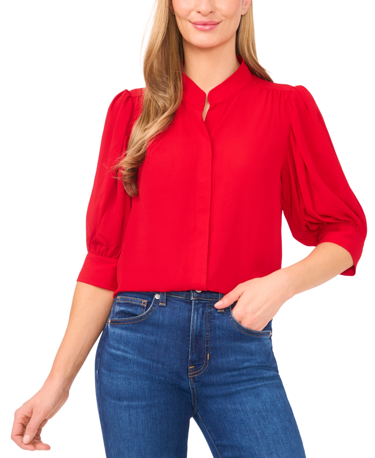 Cece Collared Button Down Blouse In Red