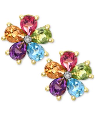Multi Gemstone: Pink Topaz 5/8 ct. t.w., Peridot 5/8 ct. t.w. ,Blue Topaz 5/8 ct. t. w., Amethyst 5/8 ct. t.w., Citrine 1/2 ct. t.w. and Diamond Accent Flower Stud Earrings in 14K Gold-Plated Sterling Silver