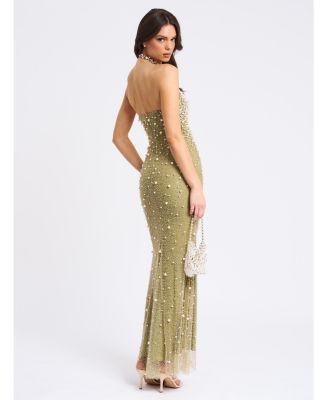 Women's Ginny Pear Green Pearl Embellished Backless Gown