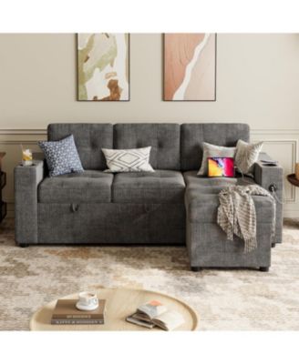 84 Inch Dark Grey L-Shaped Sofa Bed with Pull-Out Bed, 2 Charging Ports, Storage Armrests, Cup Holders & Side Pockets Included