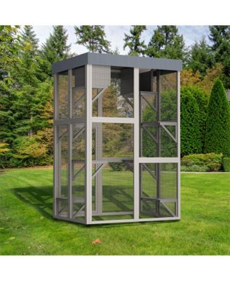 70.5 in. H Outdoor Wooden Cat Enclosure with 6 Jumping Platforms 2 Napping Houses Movable tarp cover in Gray