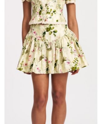 Women Zanelle Green Floral Print Drop Waist Linen Full Skirt