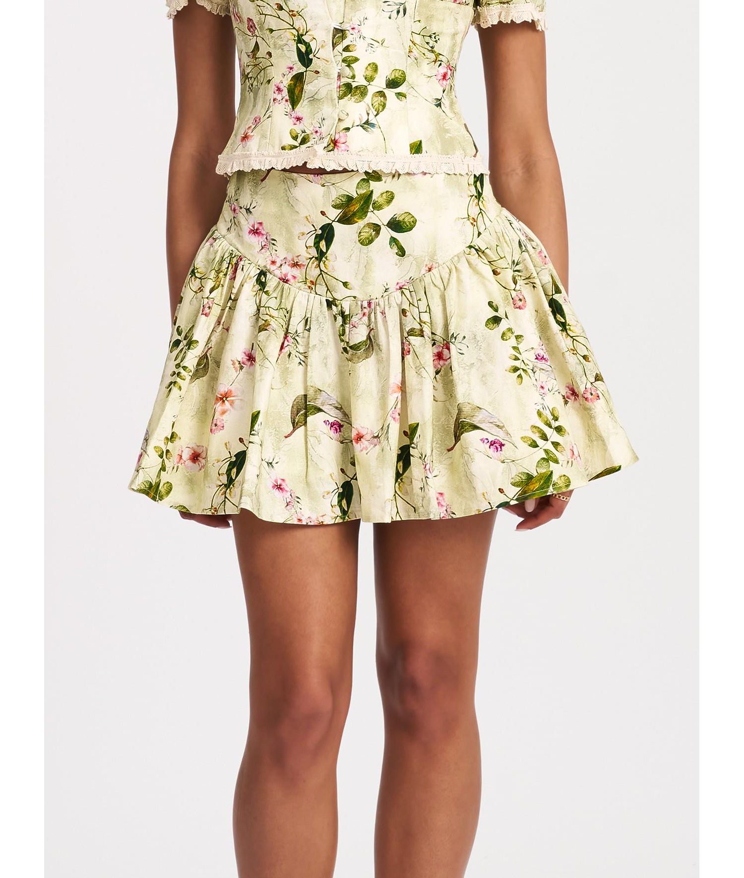 Women Zanelle Green Floral Print Drop Waist Linen Full Skirt