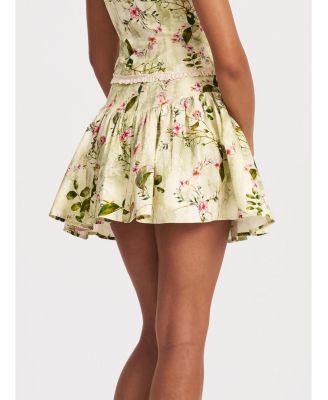 Women Zanelle Green Floral Print Drop Waist Linen Full Skirt