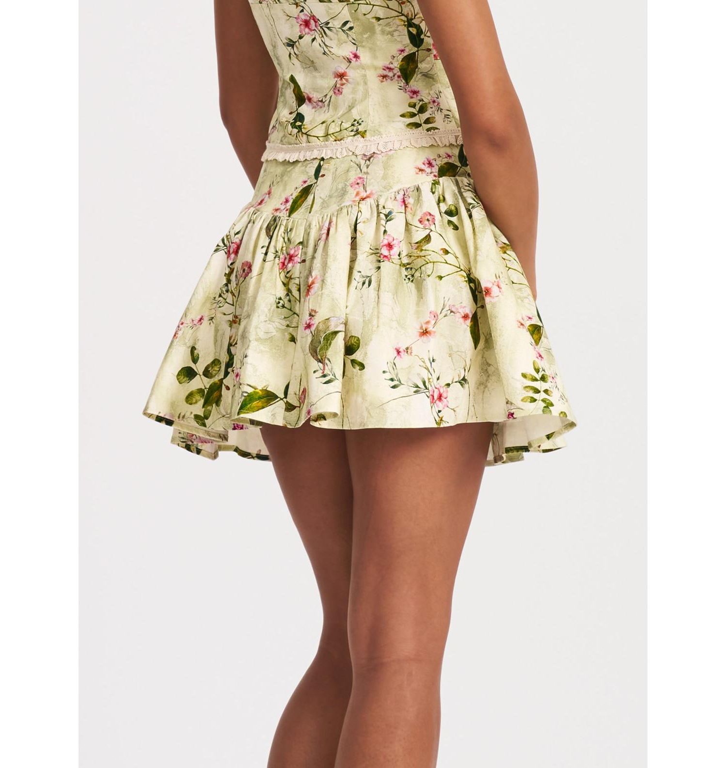Women Zanelle Green Floral Print Drop Waist Linen Full Skirt