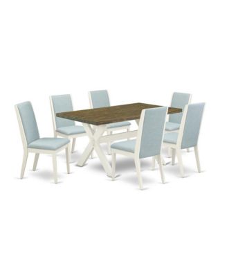 7-Piece Set – Solid Wood and Linen Fabric –Upholstered Full Back Chairs, Rectangular Tabletop – Dining Room Table Set