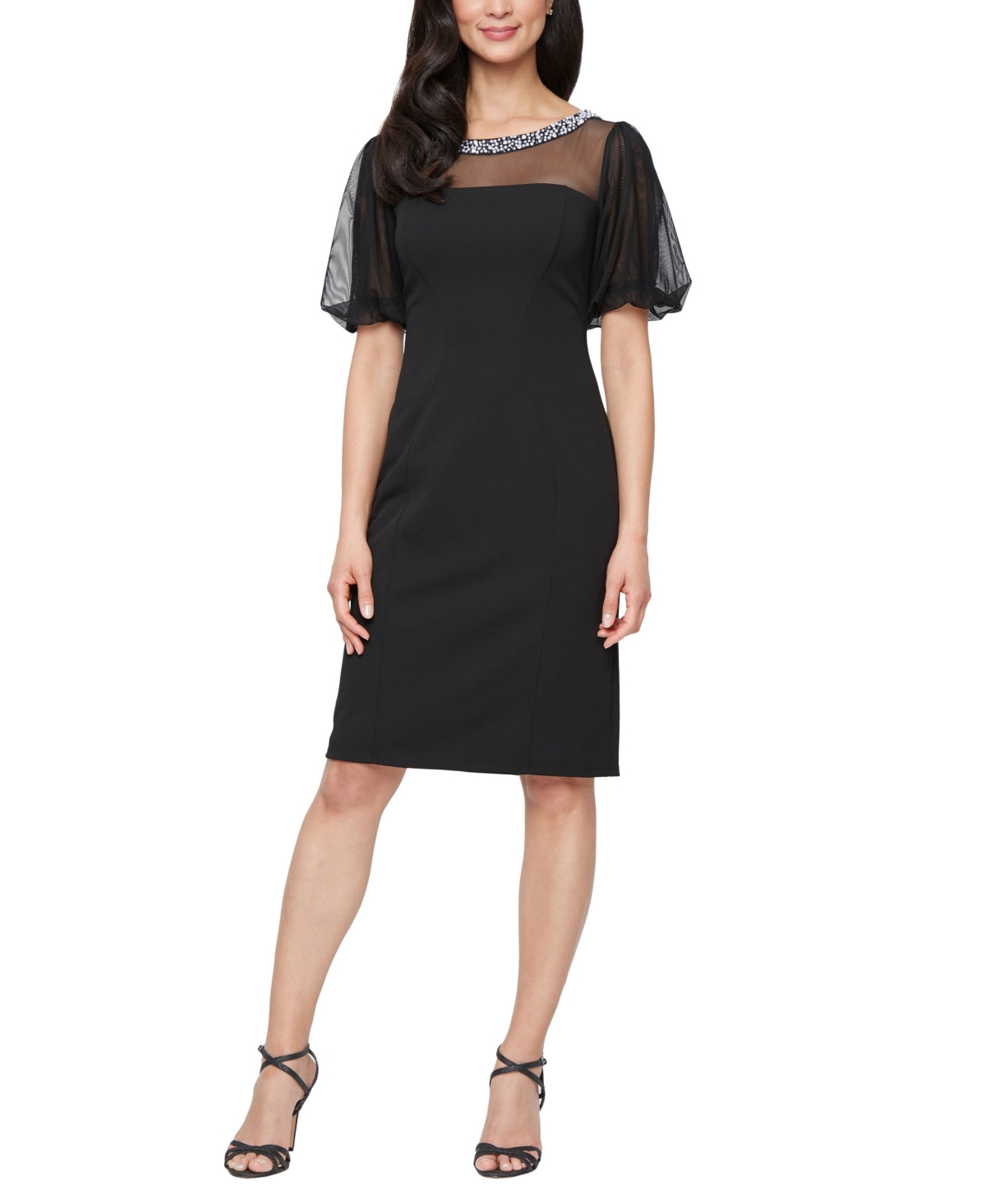 Alex Evenings Embellished Illusion Neck Crepe Sheath Cocktail Dress In Black