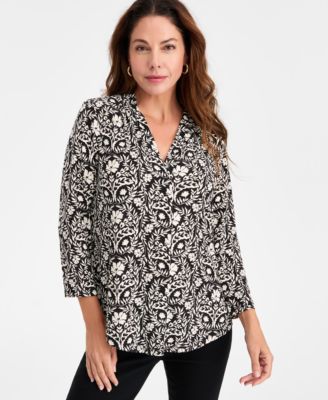 JM Collection - Women's Floral-Print Pleated-Shoulder Top